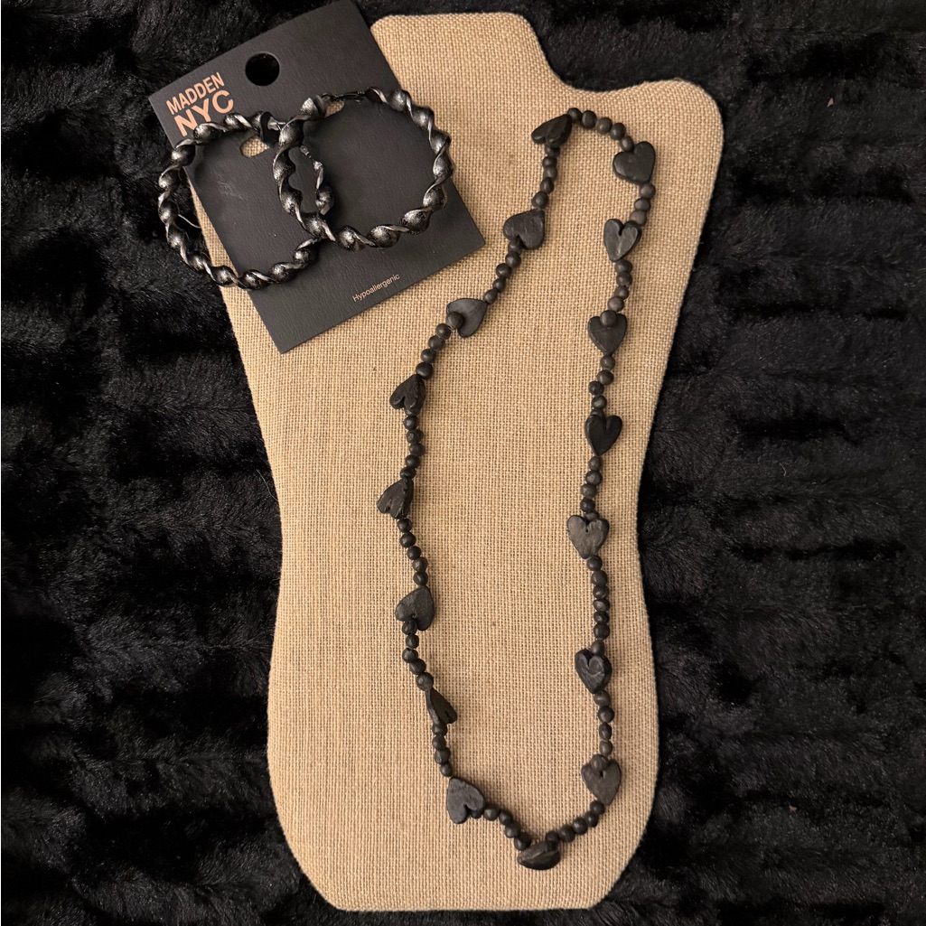 Black Heart Necklace With Nyc Black Hoop Earrings Nwt